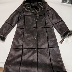 Faux fur trim suede penny lane coat long midi gray black red brown